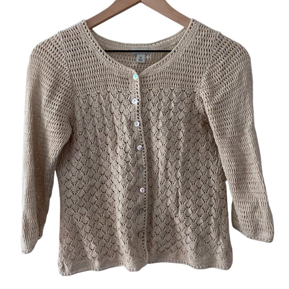 Vintage LL Bean Cotton Linen Crochet Knit Cardigan Sweater XS